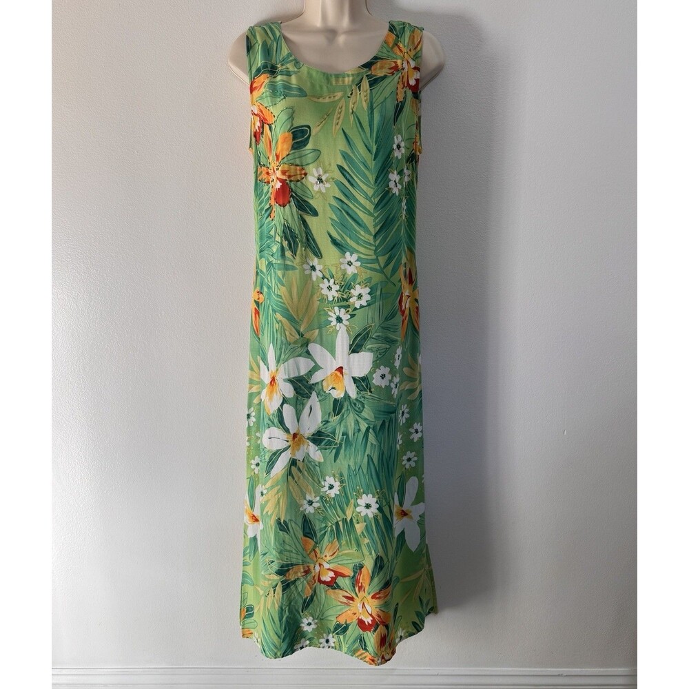 Vintage 90s Y2K Maxi Dress 10 Green Floral Hawaiian Tropical Beaded Sequins